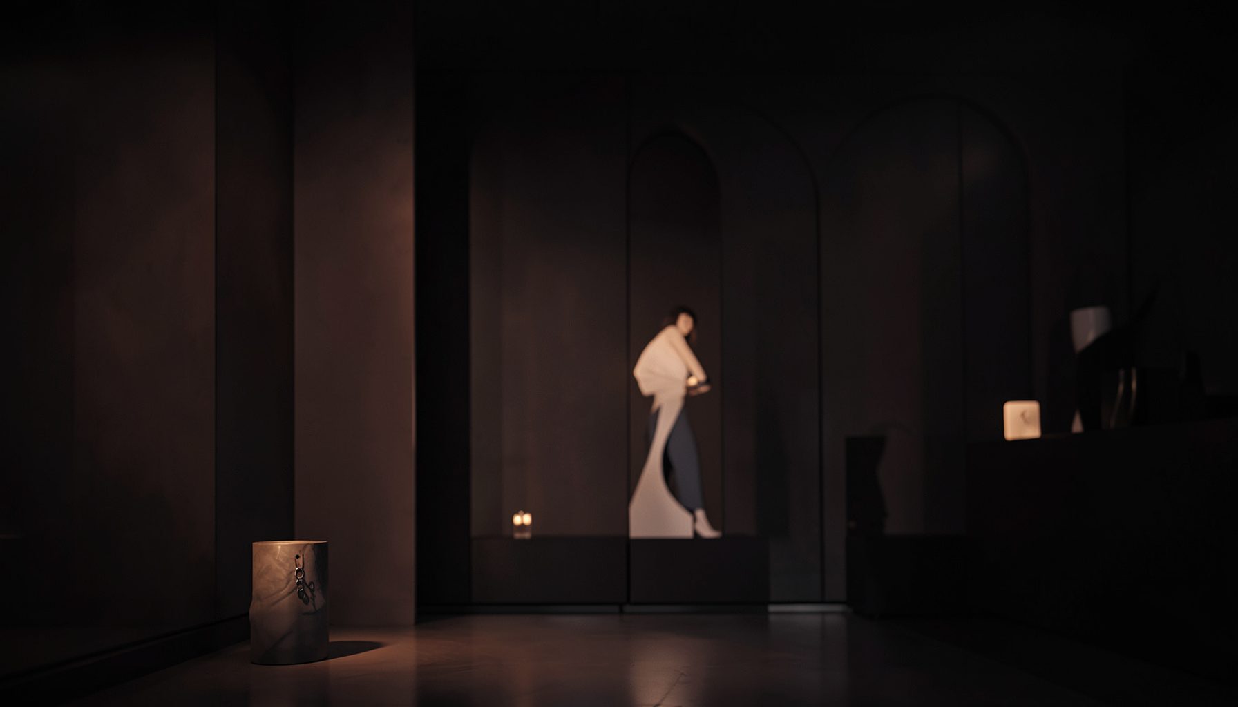 Dark atmospheric background with soft warm lighting, deep charcoal and muted rose tones, sleek fashion retail mood