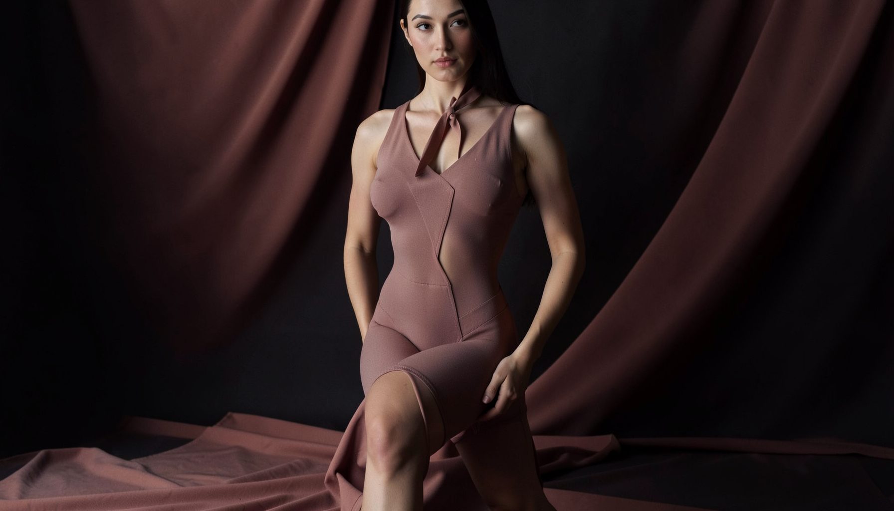 Soft warm studio lighting on a dark charcoal backdrop with muted rose fabric folds, elegant body-shaping apparel mood
