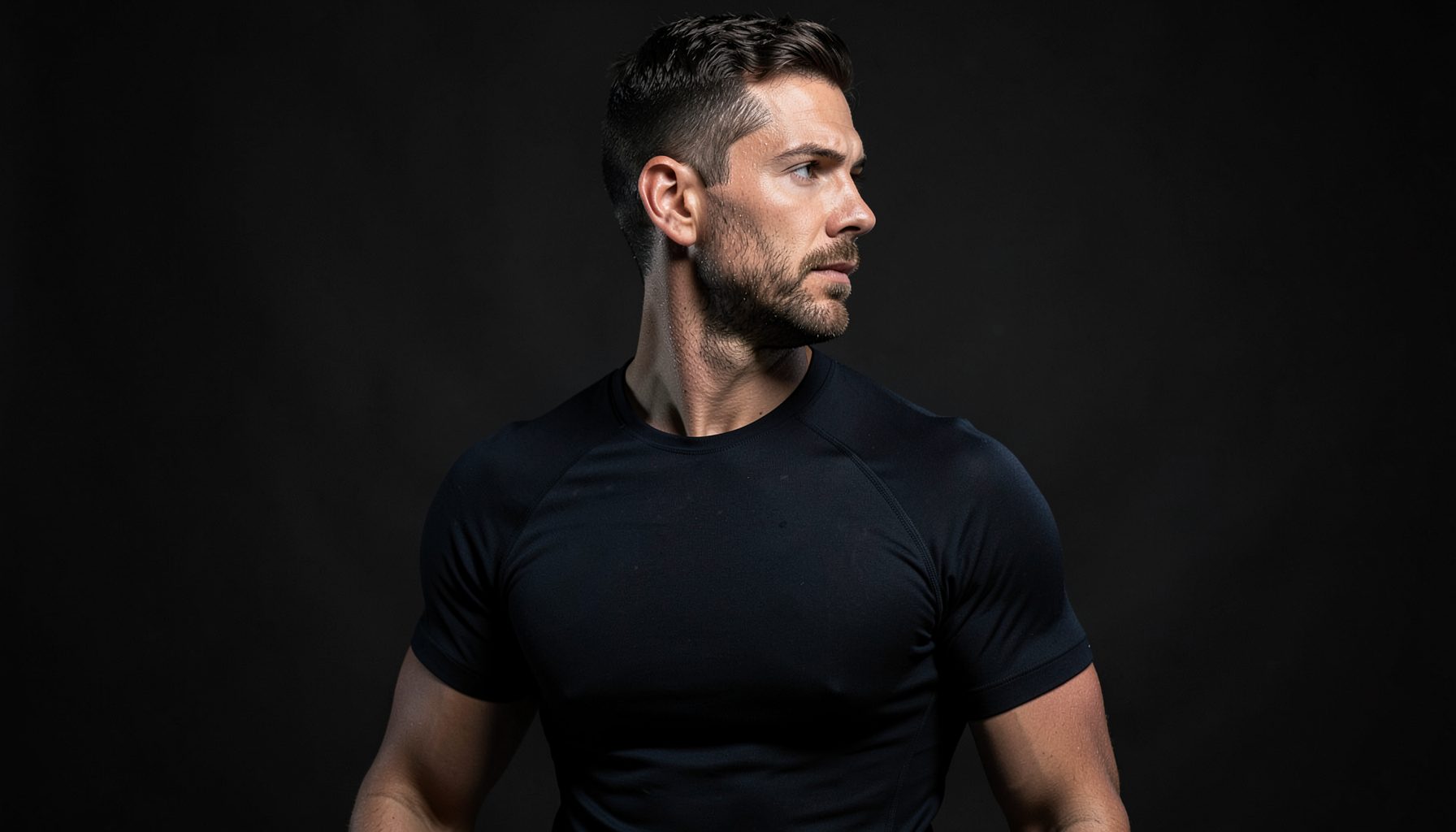 Man in a dark athletic compression shirt against a moody charcoal background, dramatic side lighting highlighting the torso