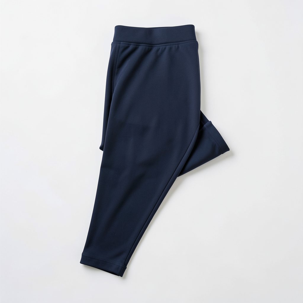 Folded activewear leggings in dark navy with a matte finish, clean athletic apparel mood