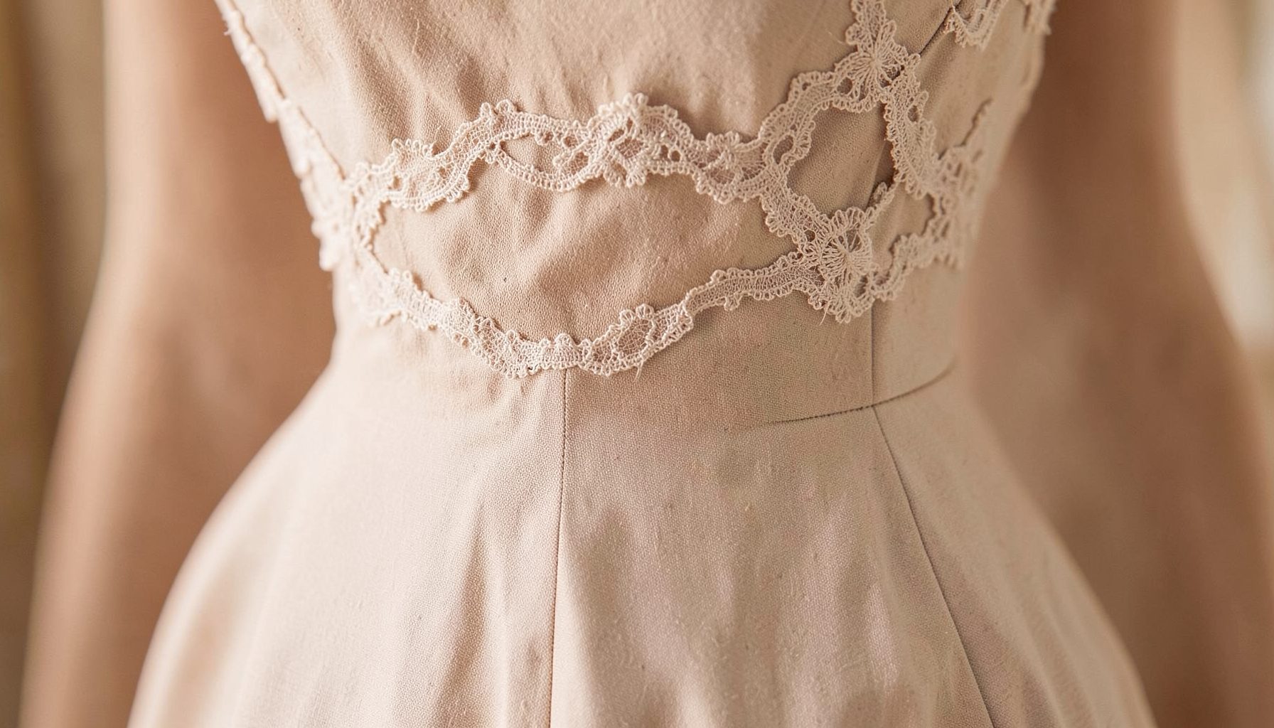 Close-up of a pale blush cream dress bodice with delicate lace trim detailing at the waist