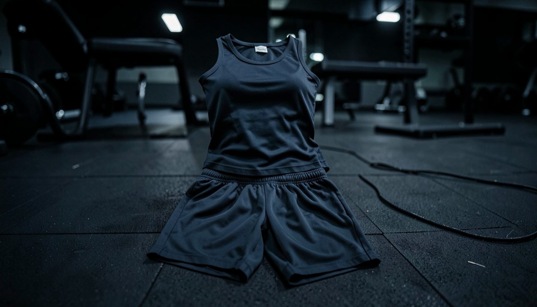 Dark moody gym scene with a navy tank top and matching shorts laid out on a rubber floor